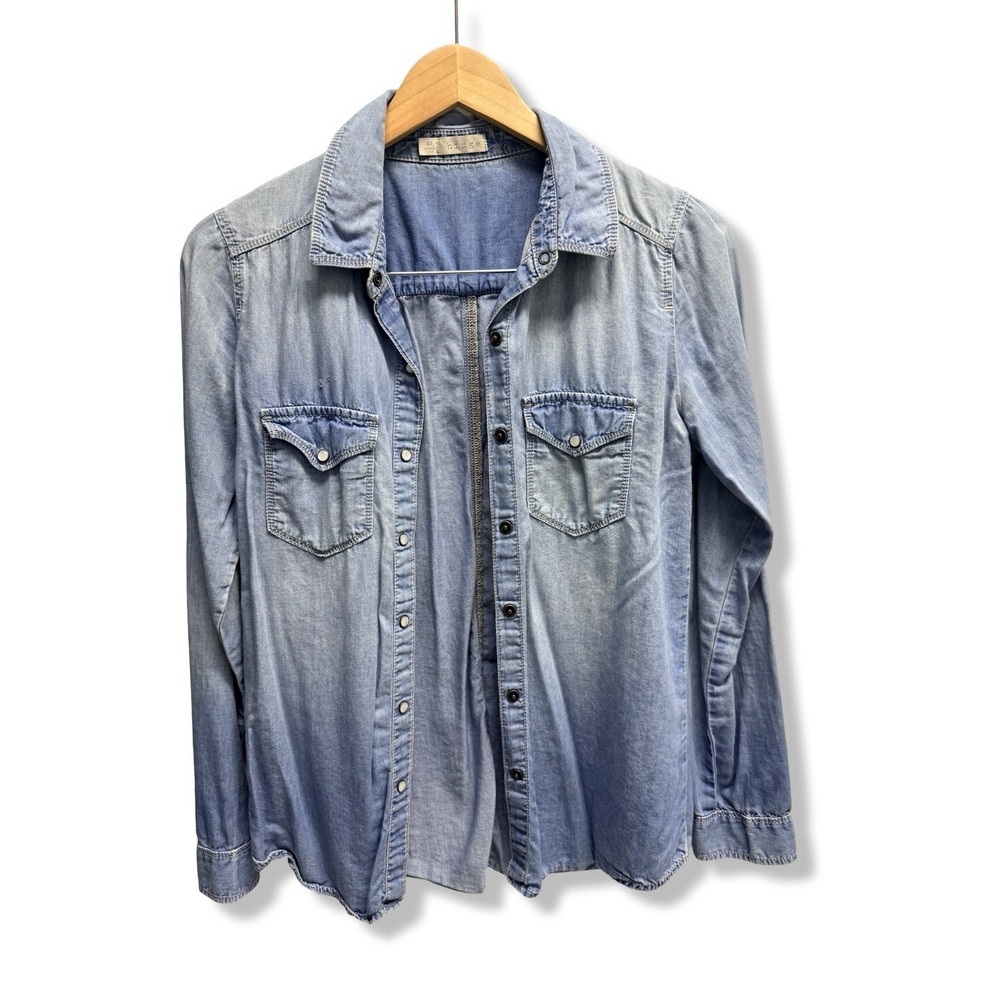 Hinge Shirt Womens Extra Small Denim Chambray Pearl Snap Blue Western Pocket